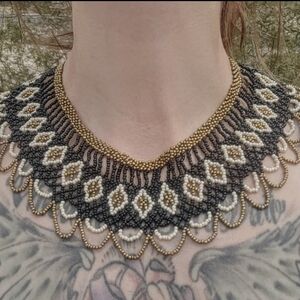 Handmade Beaded Collar Necklace Black Gold Cream